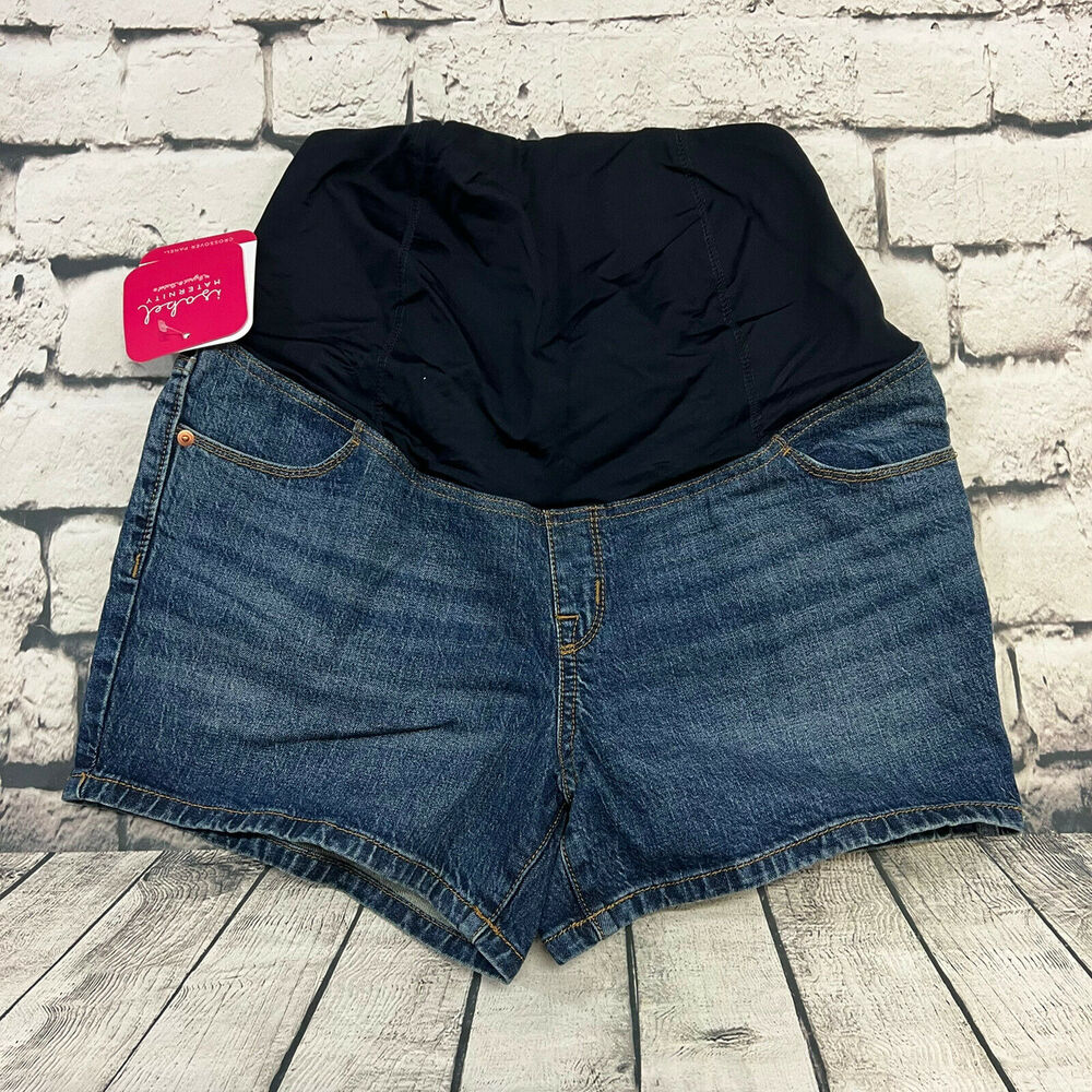 NWT Isabel Maternity Womens Shorts Crossover Panel Midi Short Medium Wash Size 8